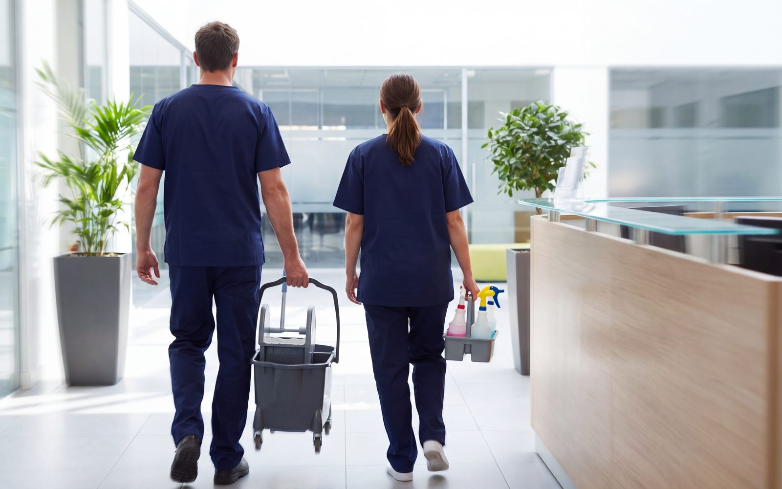 Two Proline staff in navy uniforms crossing an office lobby with their cart and supplies