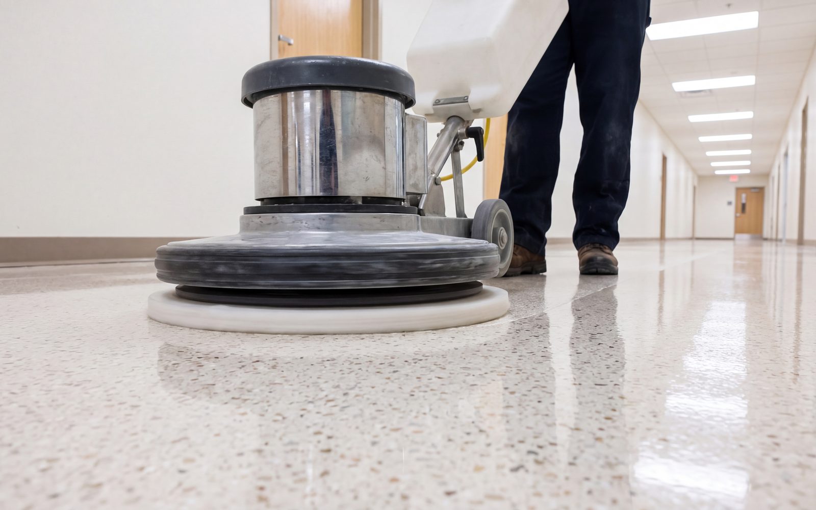 A floor burnisher at work on freshly waxed terrazzo