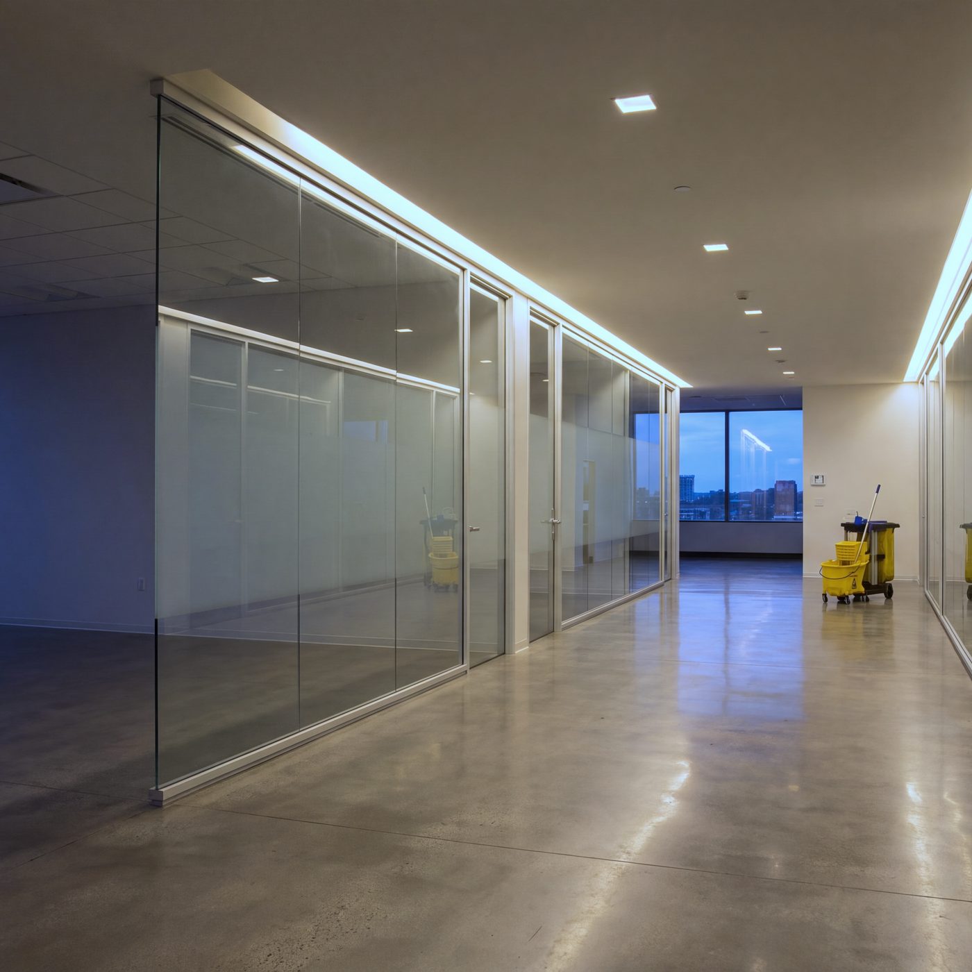 Office hallway at dusk, polished floor and a cleaning cart at the far end