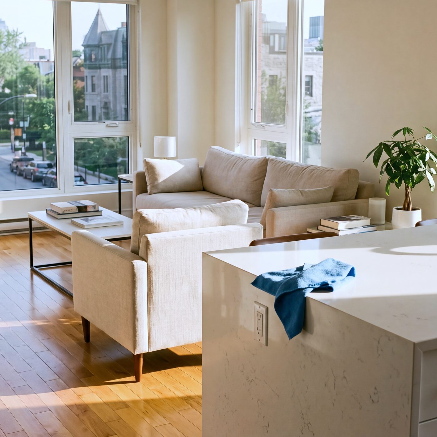 Living room of a freshly cleaned Montreal condo, wood floor and quartz counter