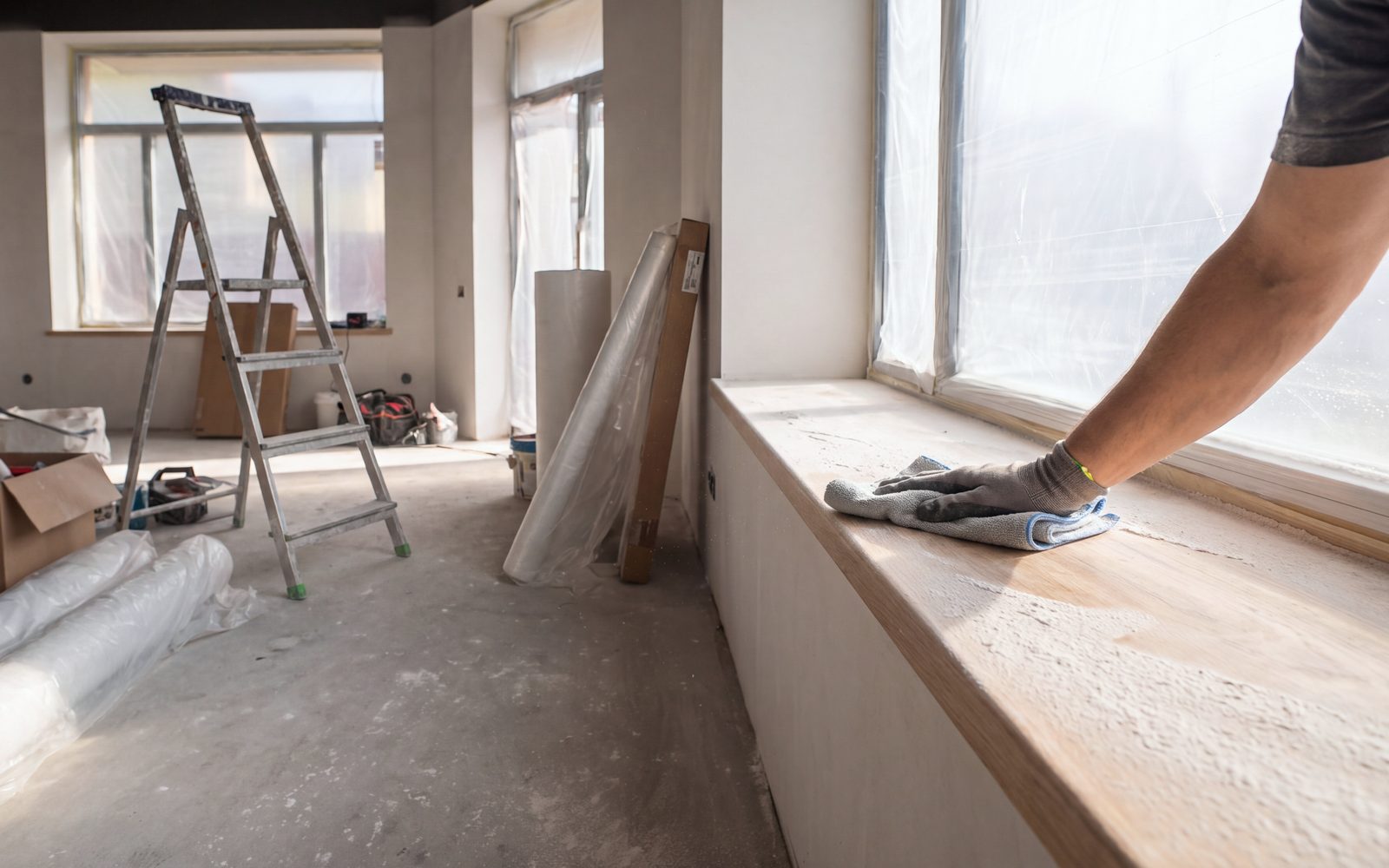Post-construction cleaning: fine dust wiped from a window sill, ladder and protective sheeting behind